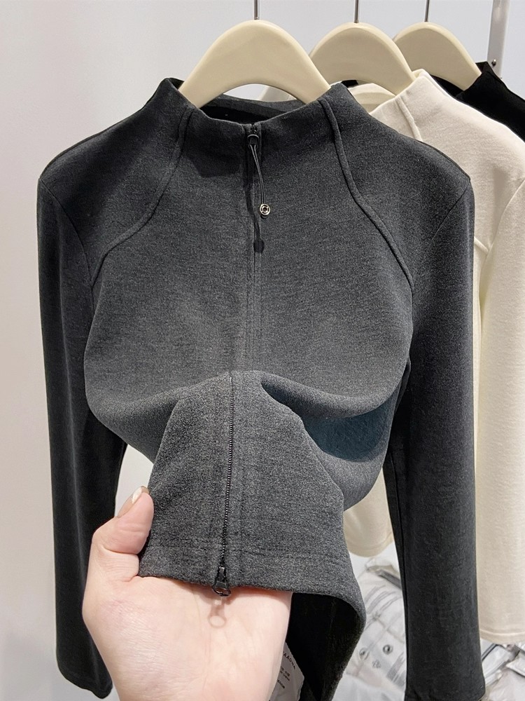 半高领德绒秋冬打底衫女2025新款秋季双拉炼开衫外套修身卫衣内搭