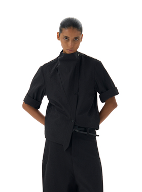 BEVAN UP|黑灰格皱 立体荡领 多形态3D剪裁防晒中袖衬衫