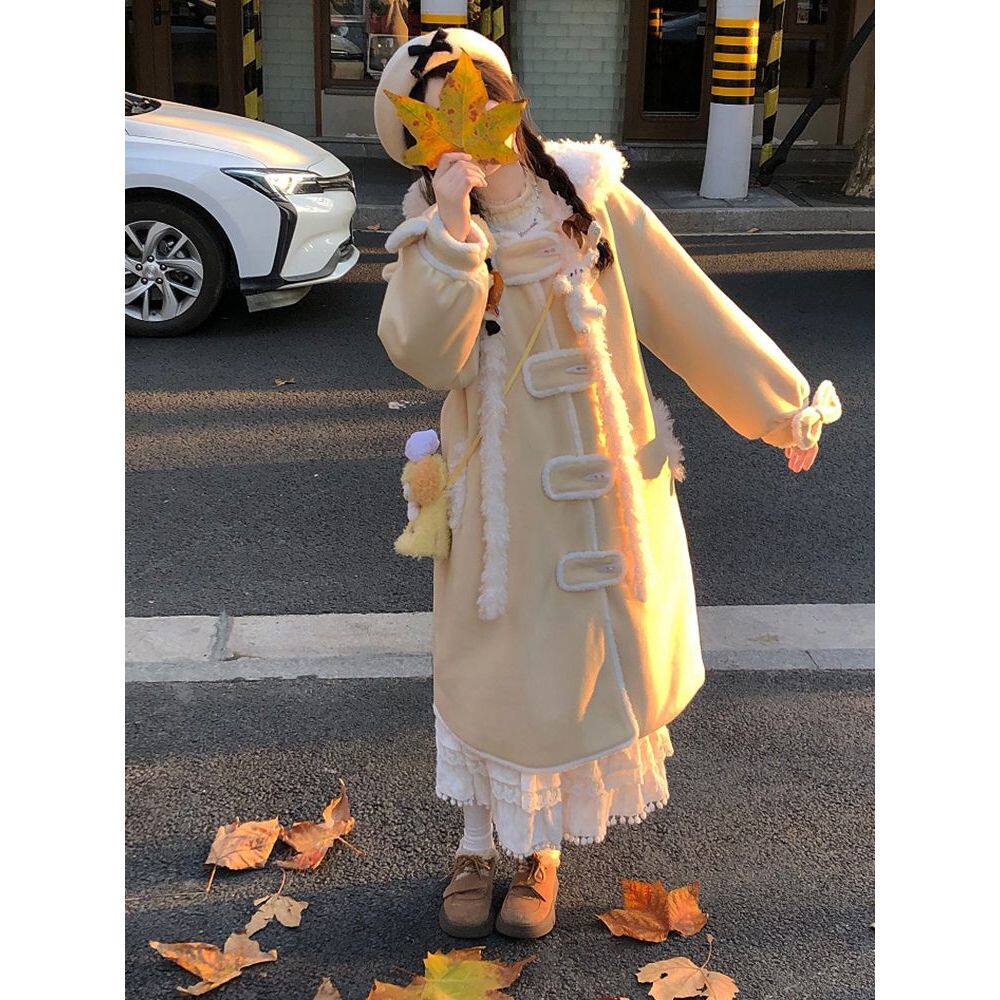 甜美可爱牛角扣拼接连帽毛呢外套女冬季新款高级感小个子呢子大衣