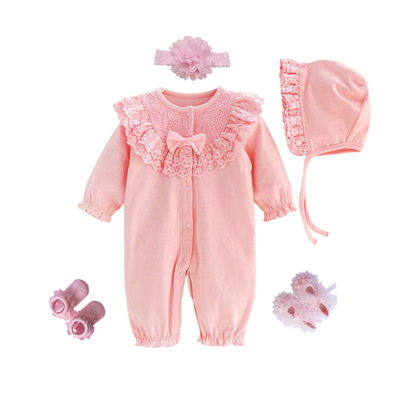 春夏纯棉蕾丝婴儿衣服新生儿0-3哈衣宝宝满月百天礼服6-9摆酒服装