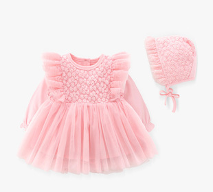 春夏婴儿女宝宝长袖纯棉蕾丝公主连衣裙满月百天送礼周岁宴会礼服