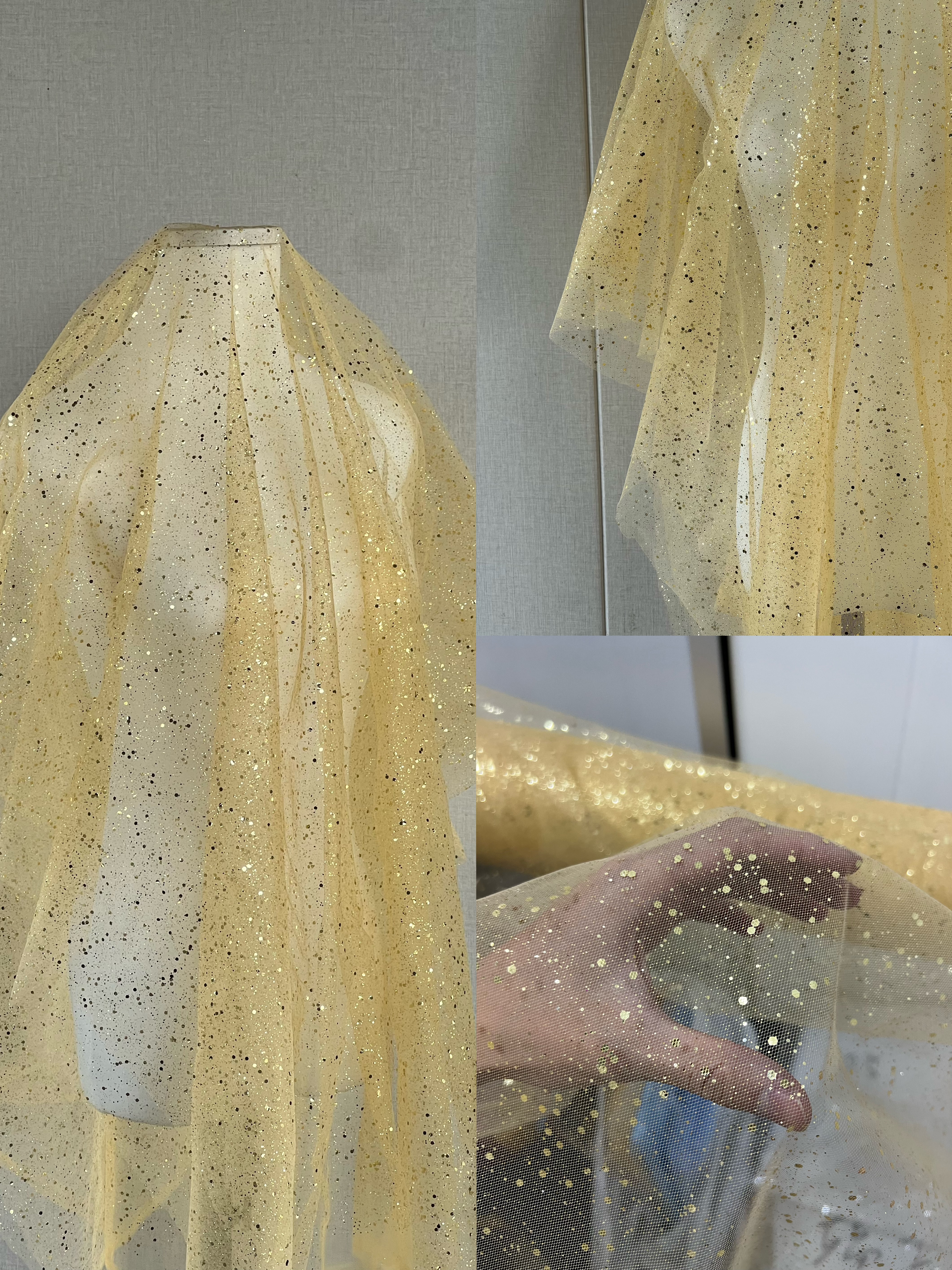 橙黄亮片网纱硬纱婚纱礼服面料