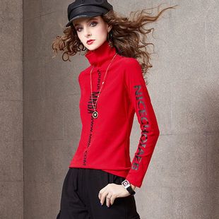 欧洲站红色本年年弹力打底衫女士秋冬新款长袖半高领上衣洋气长袖