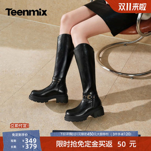 双11预售天美意复古搭扣骑士靴女西部V口显瘦增高厚底长筒靴