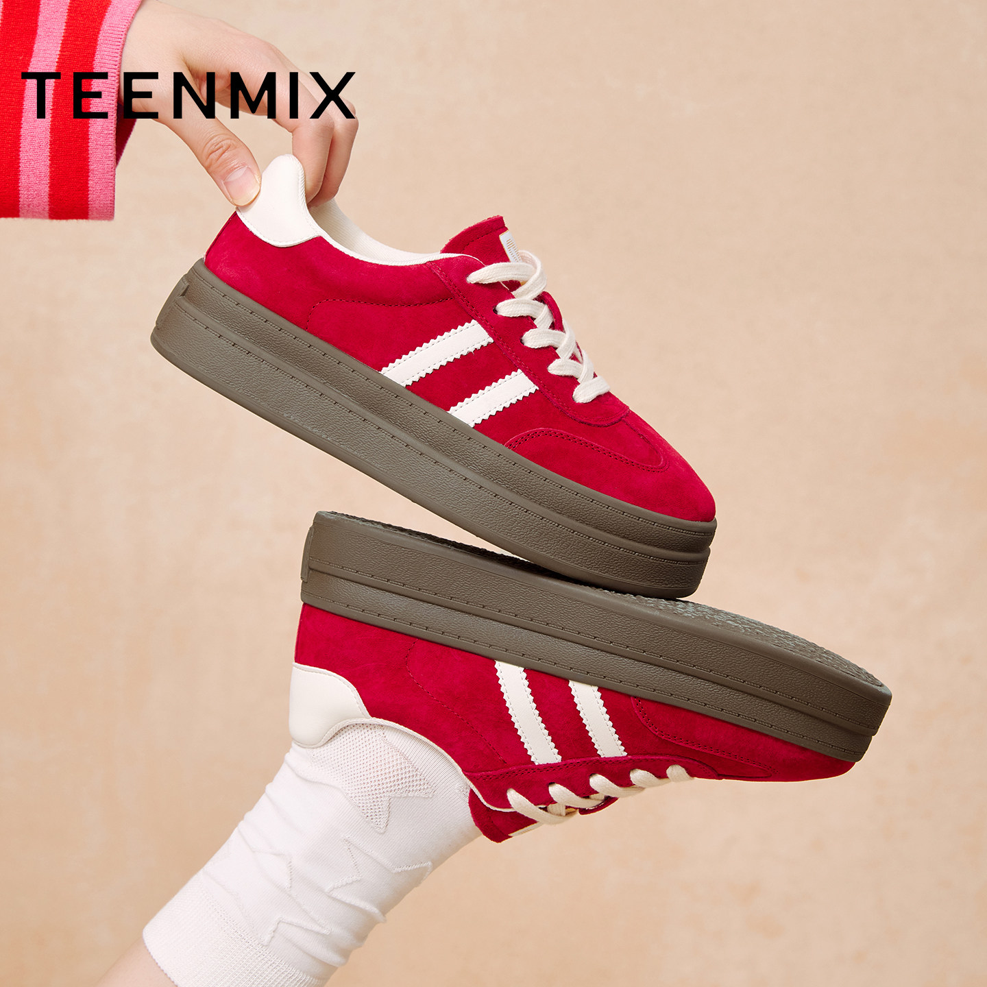 天美意彩虹蛋糕厚底增高复古红色阿甘德训鞋女运动板鞋2025秋新款,淘宝优惠券,粉丝福利购,淘宝优惠卷