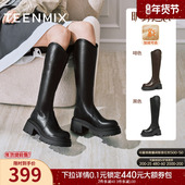 靴皮靴冬新款 天美意厚底增高V口复古骑士靴加绒长靴女鞋 高筒时装