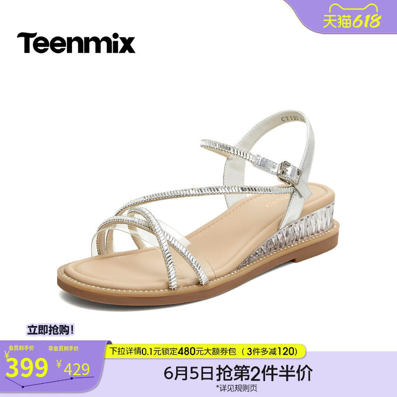天美意一字带凉鞋仙女风坡跟厚底凉鞋女细条带时装凉鞋2026夏新款