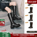 新款 靴短靴冬季 子高筒时装 天美意复古厚底增高加绒骑士靴长靴女鞋