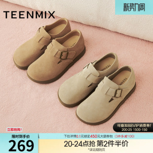 子休闲鞋 女鞋 毛毛鞋 秋季 天美意复古厚底勃肯鞋 新款 全包一脚蹬单鞋