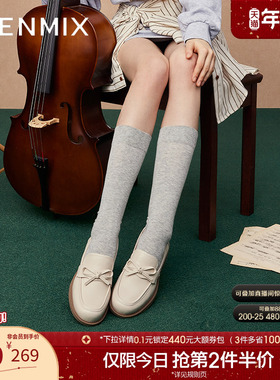 天美意平底英伦乐福鞋复古单鞋女一脚蹬小皮鞋新款CXC34AA4