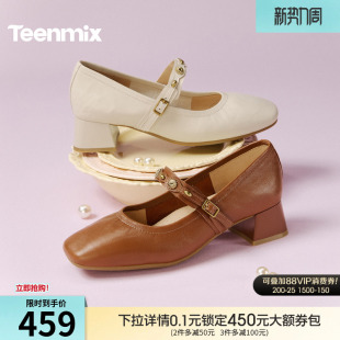 新款 天美意粗跟复古玛丽珍皮鞋 2026春季 浅口单鞋 BM411AQ6 女高跟鞋