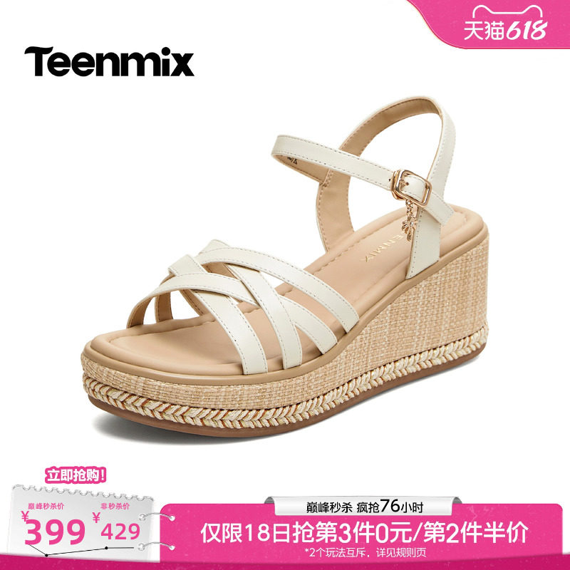 天美意一字带坡跟增高厚底凉鞋女休闲时装凉鞋2026夏新款COO15BL6