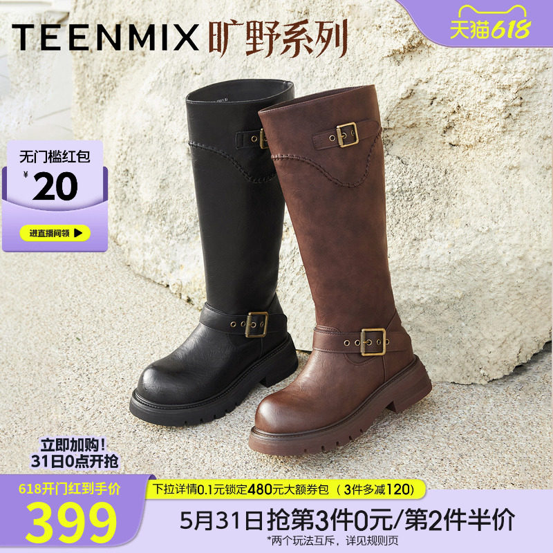 天美意复古厚底骑士靴西部靴长靴女高筒时装靴冬季新款BM351DG5