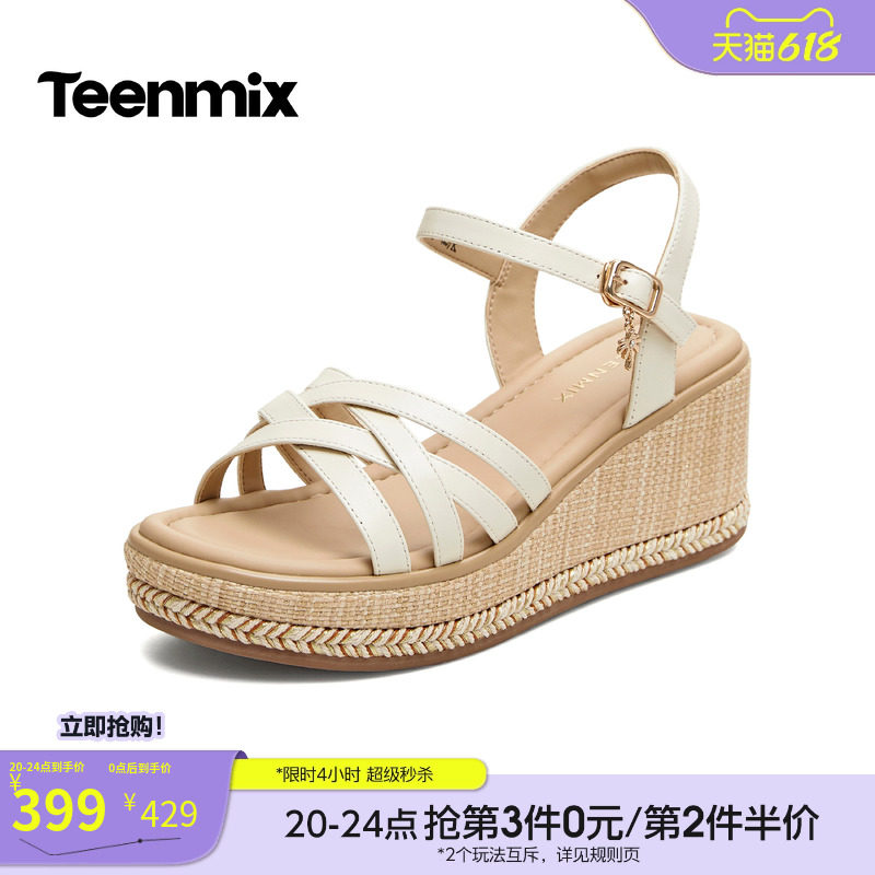 天美意一字带坡跟增高厚底凉鞋女休闲时装凉鞋2026夏新款COO15BL6