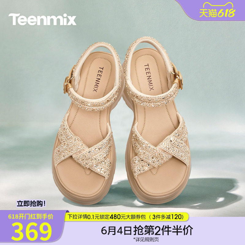 天美意一字带闪钻增高厚底凉鞋女外穿时装凉鞋2026夏新款KI018BT6