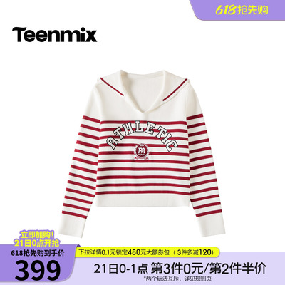 天美意条纹海军领学院风针织衫女长袖毛衣套衫2026春新款FSA29AM6