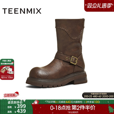 天美意复古厚底西部靴短靴骑士靴长靴女鞋子高筒时装靴2025冬新款