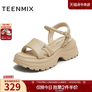 新款 天美意一字带凉鞋 夏季 女外穿休闲凉鞋 BI973BL5 增高厚底凉鞋