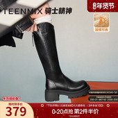 天美意复古厚底增高加绒骑士靴长靴女鞋 新款 子高筒时装 靴皮靴冬季