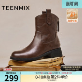 新款 子休闲皮靴冬季 靴短靴女鞋 天美意复古厚底切尔西靴加绒时装