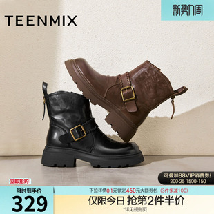 靴短靴皮靴 休闲时装 天美意复古厚底加绒西部靴骑士靴女鞋 子冬新款