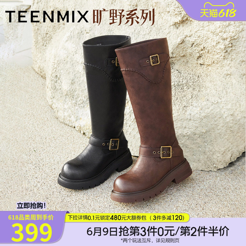 天美意复古厚底骑士靴西部靴长靴女高筒时装靴冬季新款BM351DG5