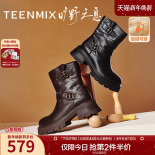 新款 天美意复古西部靴加绒机车骑士靴女鞋 子厚底短靴皮靴冬季