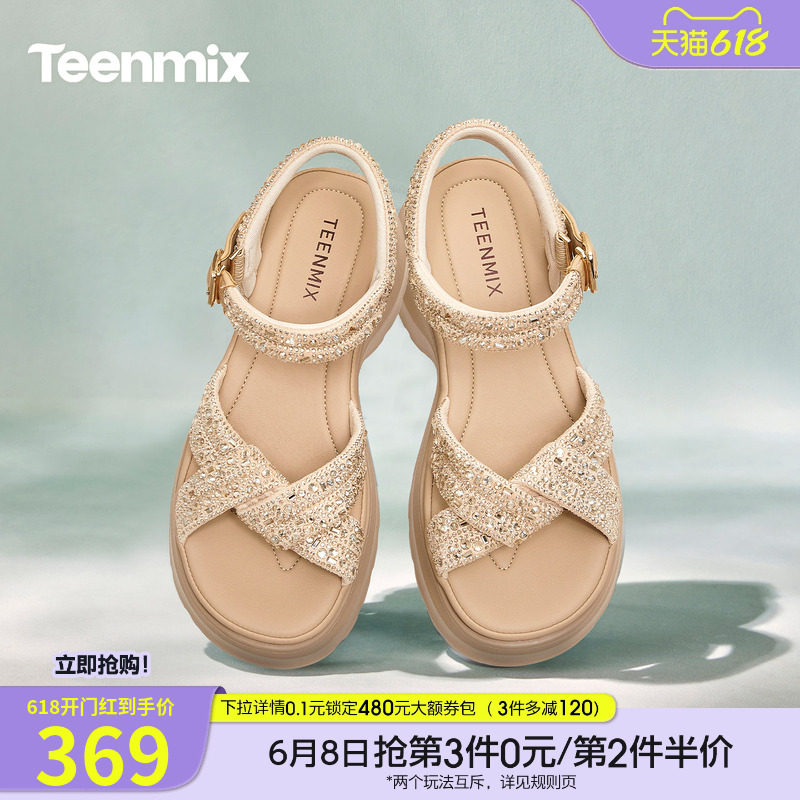天美意一字带闪钻增高厚底凉鞋女外穿时装凉鞋2026夏新款KI018BT6