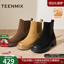 天美意厚底复古英伦加绒切尔西靴瘦瘦靴女鞋时装靴短靴2025冬新款