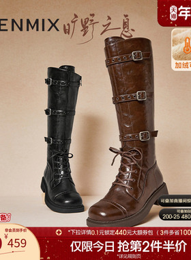 天美意复古西部靴加绒骑士靴长靴女高筒靴皮靴冬新款KQZ04DG4