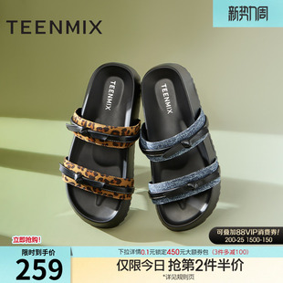 新款 夏季 KT063BH5 女外穿凉拖鞋 天美意一字拖蝴蝶结增高厚底拖鞋