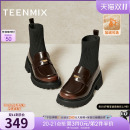 加绒弹力靴袜靴女厚底瘦瘦短靴 天美意复古英伦乐福鞋 双11预售