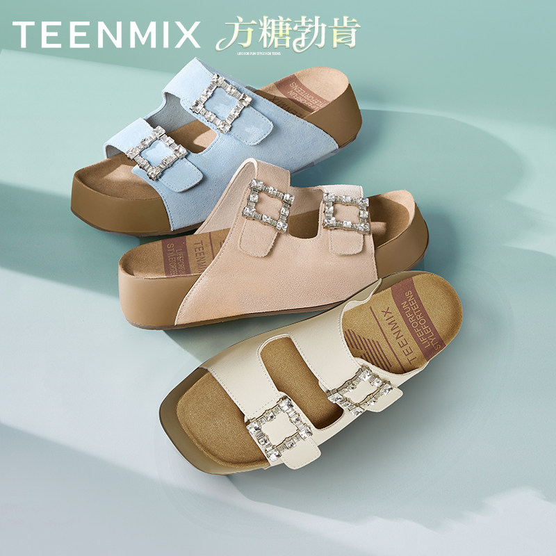 【胡可推荐】天美意方糖勃肯拖鞋闪钻一字拖厚底增高女夏软底凉拖