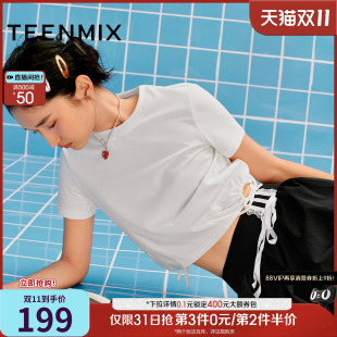 天美意立体字母纯棉透气圆领短袖 T恤女抗菌凉感休闲上衣2025新款