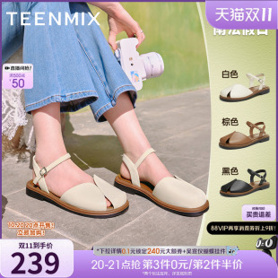 新款 夏季 KX008BL4 女外穿复古休闲凉鞋 天美意平底后空包头凉鞋
