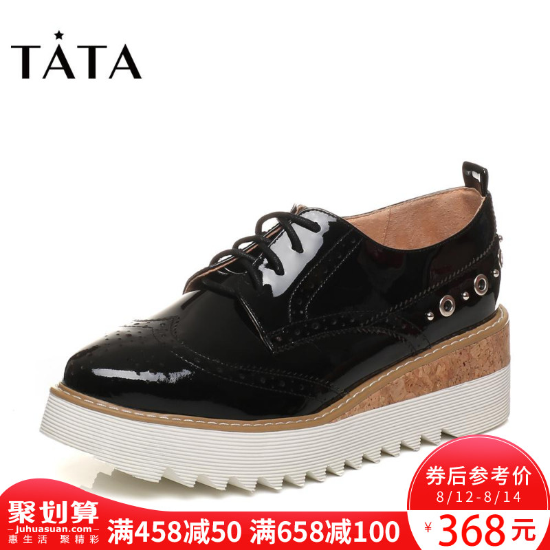 TATA/他她2018春季商場同款漆皮坡跟厚底休閑鞋女單鞋FG525AM8