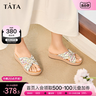 2024夏季 Tata他她度假风坡跟拖鞋 一字拖鞋 7YX02BT4 女外穿时尚 新款