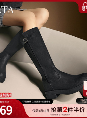 TATA他她复古黑色长筒靴靴子女粗跟西部靴骑士靴2024冬新CY601DG4