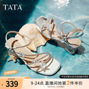 2025夏新款 TATA他她法式 闪钻一字带凉鞋 气质粗跟凉鞋 XQC01BL5 女鞋