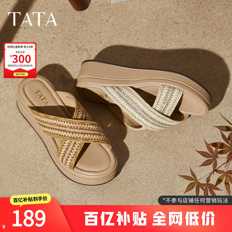 TATA他她女鞋夏厚底坡跟一字拖通勤外穿休闲沙滩露趾凉拖WM302BT5图片