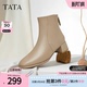新款 靴羊皮休闲短靴子春季 7AC56DD4 靴女鞋 TATA他她粗跟通勤时装