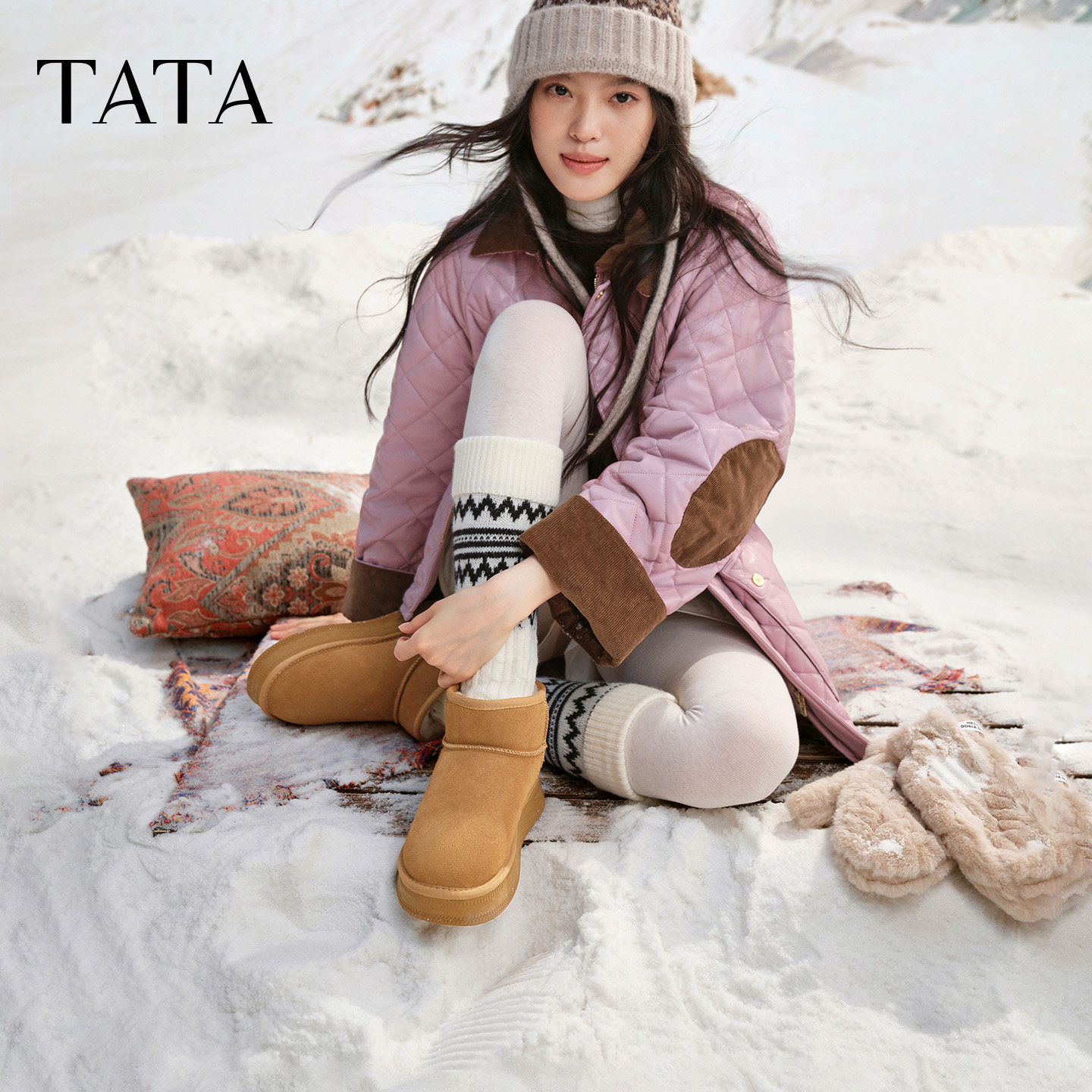 【蜜蜂心愿社双11】TATA他她雪地靴冬季厚底加绒棉鞋保暖棉靴