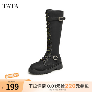 Tata他她英伦甜酷骑士靴女复古机车高筒靴长筒靴2024冬新7FN89DG3