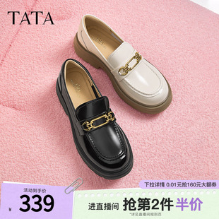 Tata他她英伦厚底乐福鞋 浅口单鞋 黑色一脚蹬小皮鞋 WIZ12CA4 女鞋