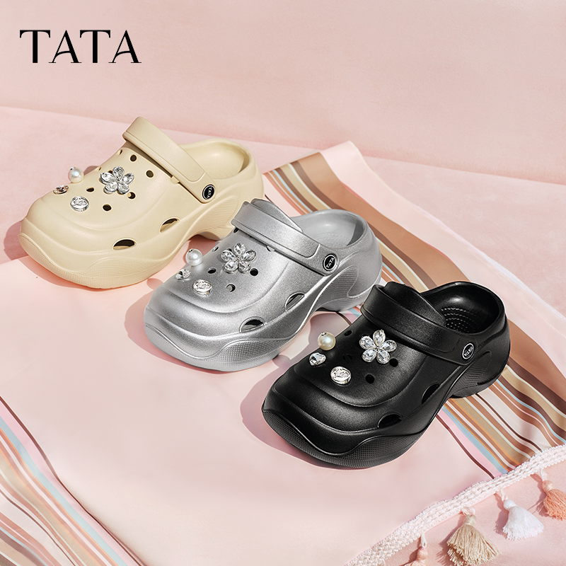 TATA他她黑色包头拖鞋女通勤厚底洞洞鞋女外穿半拖凉鞋夏7H801BH5