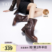 Tata他她复古棕色西部靴女靴子加绒马丁靴通勤机车靴牛仔短靴冬季