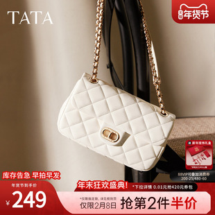 TATA他她女包小香风菱格单肩包女士包包黑色通勤斜挎包小方包2025