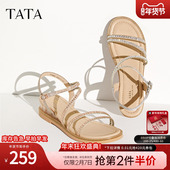 Tata他她坡跟凉鞋 新7UA03BL4 2024夏季 女外穿一字带沙滩凉鞋 女时尚