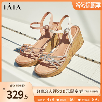 taobao agent TATA, Her Roman sloping sandals, women's summer rhinestones with high heels, new versatile 7MY03BL2