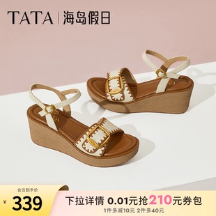 度假一字帶涼鞋 女鞋 2025夏7MYA1BL5 坡跟涼鞋 TATA他她海島假日法式